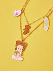 LOONEY TUNES X SHEIN 1件时尚锌合金卡通图案印花双层精致链条项链，简约优雅，适合派对、音乐会、节日等场合。 - 金色 - 查看 4