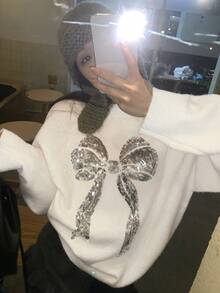 DAZY Women's Christmas Crew Neck Loose Sequin Butterfly Decor Casual Sweater Carnival - White - View 6