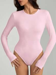 SHEIN Tall Plain Pink Round Neck Casual Bodysuit With Long Sleeves For Her - Pink - View 8