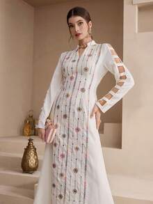 Al Najma Vestido árabe de manga larga bordado de manera tradicional para mujeres - Albaricoque - Ver 2