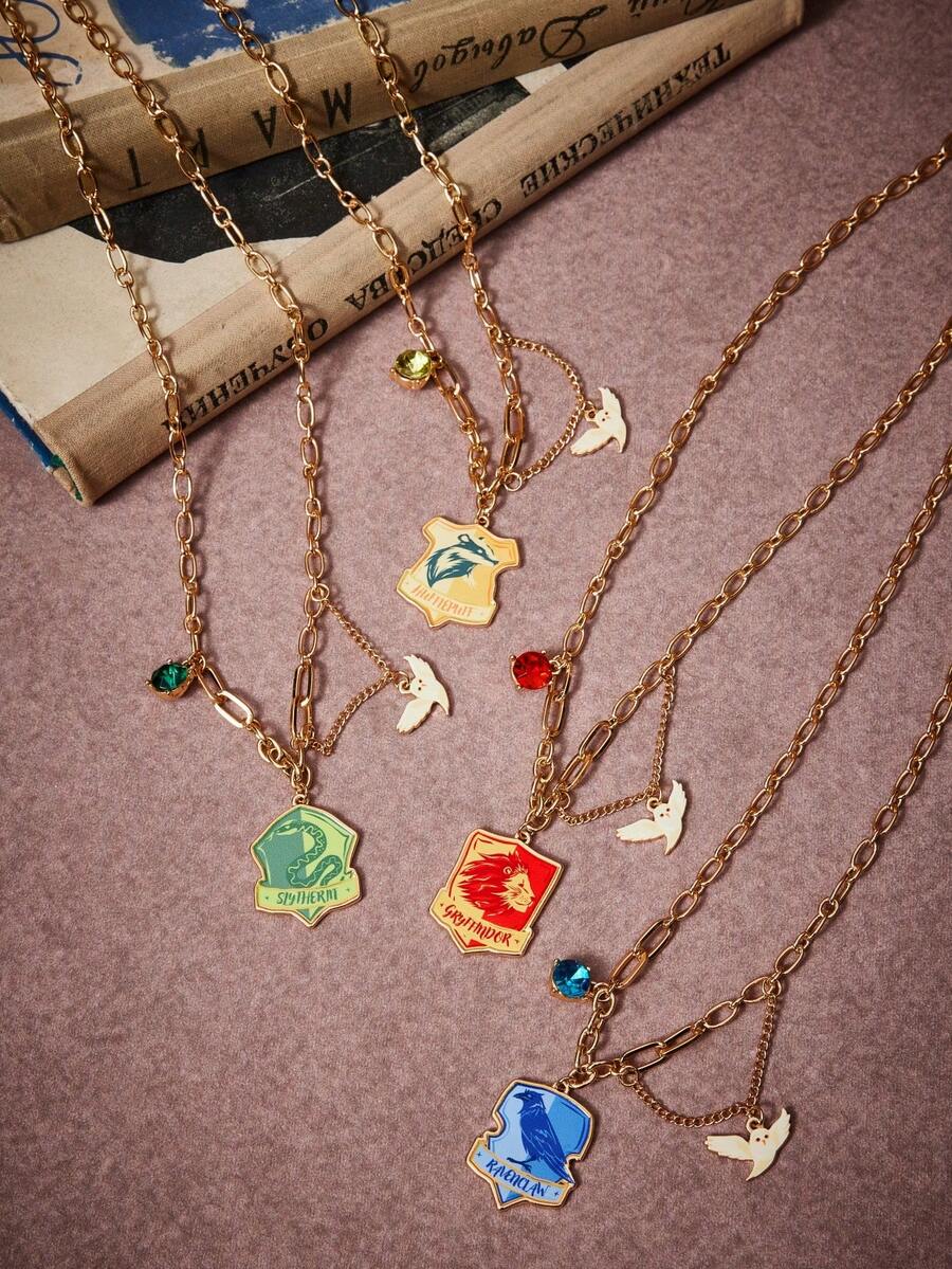 HARRY POTTER X SHEIN 1pc Zinc Alloy Cartoon Animal Print Rhinestone Embellished Oval Chain Necklace, Minimalist Luxury, Suitable For Party, Concert, Festival - Gold - View 1