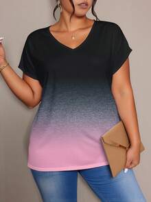 EMERY ROSE 渐变色块V领短袖大码T恤 - 彩色 - 查看 6