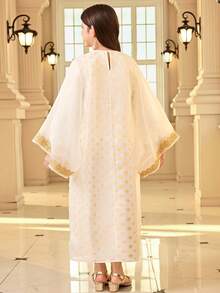 Tween Girl Loose Elegant V-Neck Gold Lace Trim Mesh Jacket & Polka Dot Dress Set - White - View 2