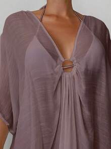 SHEIN Swim 宽松V领比基尼罩衫，莲藕粉色，夏季 - 藕粉色 - 查看 4