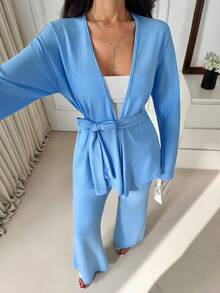 EURMUSE Textured Two Pieces Set, Wrap Blouse With Belt Detail, Flared Pants, Relaxed Fit, Soft Drape Fabric, Effortless Chic Style - Baby Blue - View 4