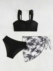 SHEIN 少女三件套比基尼：可爱纯色针织露背荷叶边上衣、褶皱泳裤和印花罩裙。时尚、优雅、休闲风格，适合夏季游泳、海滩度假等场合。 - 黑色 - 查看 5
