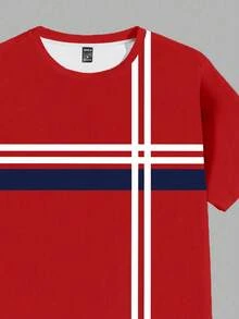 Manfinity RelaxMax Maglietta casual a girocollo a maniche corte a righe per uomo - Rosso - Visualizzare 3