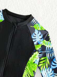 SHEIN 少女碎花印花拉链长袖连体泳衣，适合夏季穿着 - 彩色 - 查看 6