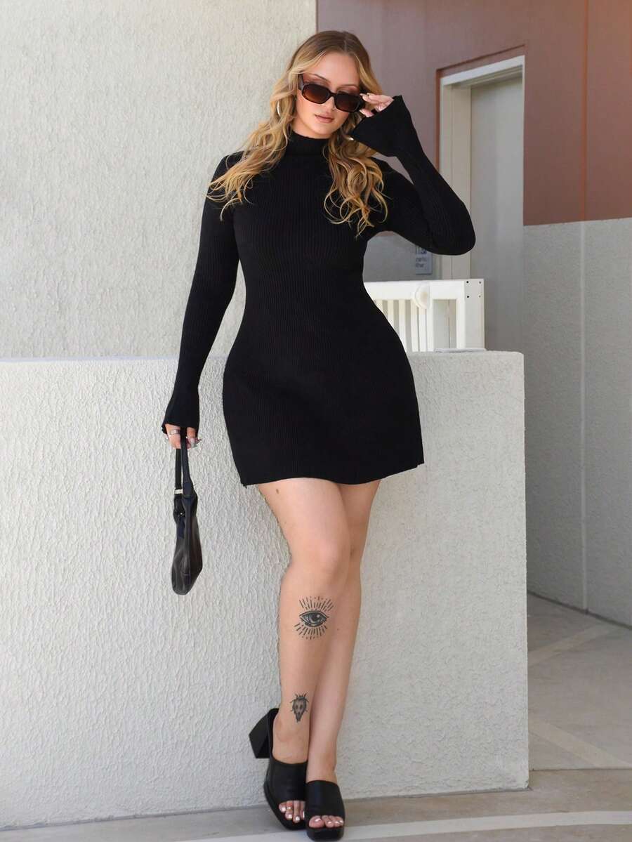 Arliah Vestito maglione a collo alto invernale da donna, gonna svasata a campana in maglia calda, vestito a maniche a campana, abito in maglia aderente e sottile, abito a maniche lunghe, abito nero - nero - Visualizzare 1