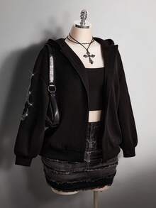 SHEIN ICON 大码女式休闲连帽衫，饰有水钻，前拉链 - 黑色 - 查看 3