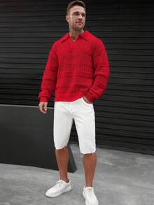 Manfinity Homme Áo len nam dài tay cổ bẻ màu trơn, áo sơ mi nam móc len, áo len đỏ nam, áo len nam, áo len đỏ nam, áo len dệt kim nam, áo thun dệt kim nam - Đỏ - Xem 6