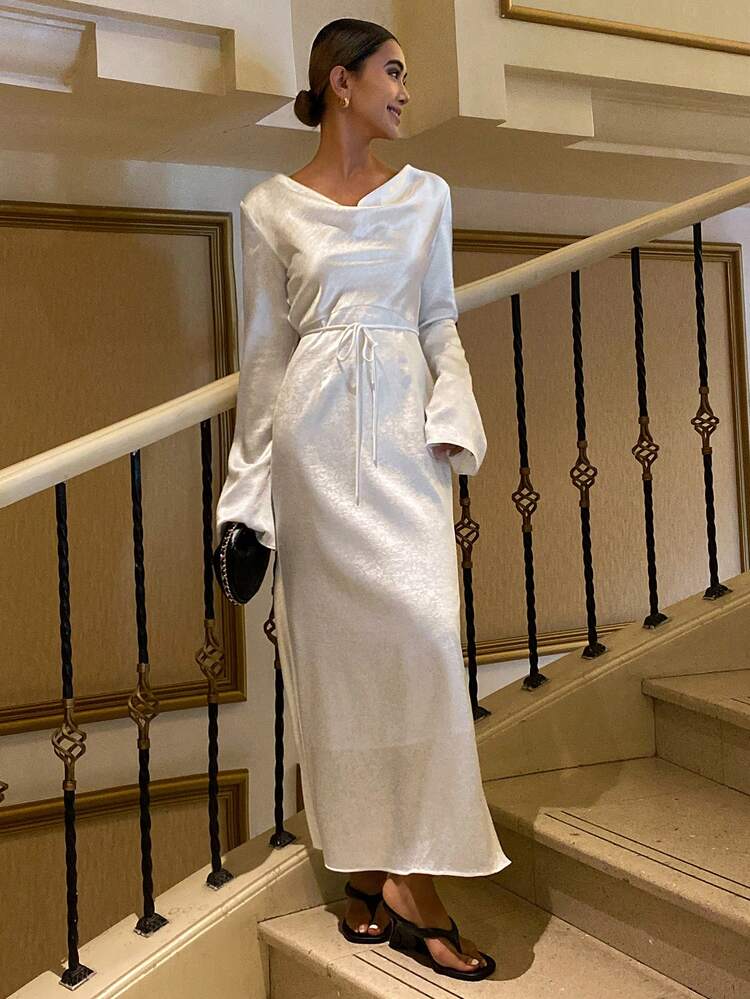 Satin Tie-Waist Midi Dress With Plunging Neckline For Women Sundress
