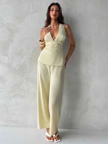 Aloruh 女士浅黄色露背吊带衫和直筒裤两件套 - 淡黃色 - 查看 1