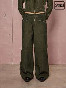 COUREZ 低腰越野摩托车宽松牛仔裤/Y2K 女士冬季服装 冬季服装 宽松牛仔裤 - 橄欖綠 - 查看 1