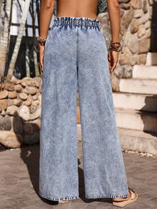 Breezaya Women's Elastic Waist Floral Denim Wide Leg Pants - Light Wash - View 2