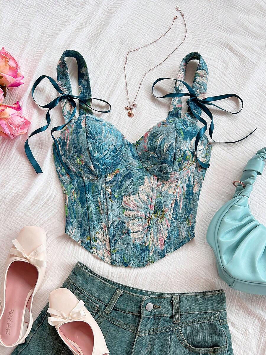 Soleia Áo hai dây cỡ lớn dành cho nữ, họa tiết hoa, vạt bất đối xứng. - Màu xanh lam - Xem 1