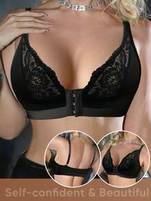 SHEIN 1pc Lace Patchwork Front Closure Wireless Bra For Women - Black - View 1