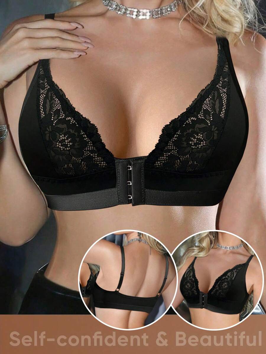SHEIN 1pc Lace Patchwork Front Closure Wireless Bra For Women - Black - View 1