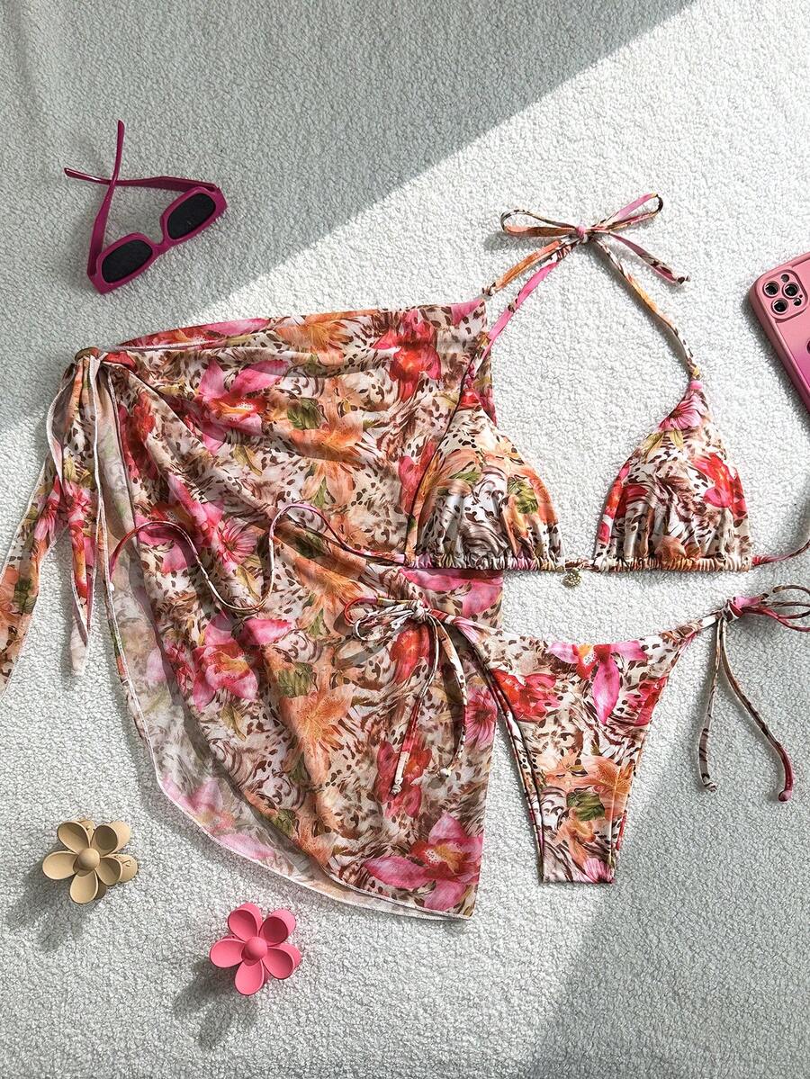 Swim Vcay 3 pièces Ensemble de maillot de bain à col ras-du-cou avec décoration métallique, imprimé aléatoire, printemps/été pour femmes