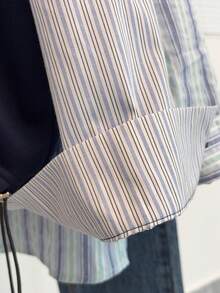 Noixe 新款女士蓝色条纹衬衫袖拼接卫衣，二合一 - 藏蓝色 - 查看 4