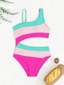 SHEIN Bộ đồ bơi liền thân dệt kim dễ thương dành cho bé gái tuổi teen, thiết kế dây đeo bất đối xứng, khoét eo, thời trang và thanh lịch, thích hợp cho bãi biển, kỳ nghỉ và bơi lội mùa hè. - Nhiều màu - Xem 4