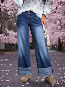 EMERY ROSE Quần jeans ống rộng nữ có túi và cúc, kiểu dáng thường ngày, đa năng, thích hợp đi làm. - Màu xanh lam - Xem 7