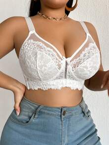 DesireSculpt 1 pieza Sujetador inalámbrico de encaje de unicolor con decoración de lazo para tallas grandes - Blanco - Ver 6