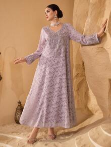 SHEIN Najma Đầm thời trang thanh lịch, sang trọng với chất liệu vải cắt xẻ, cổ áo thiết kế riêng và họa tiết hoa, dành cho nữ. - Màu tím - Xem 4