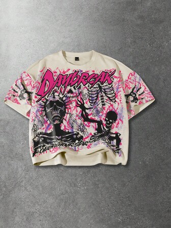 maglietta casual da uomo a maniche corte, con scollo rotondo, grafica con lettera e teschio, vestibilità morbida