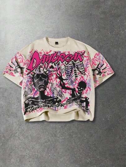 Herren Buchstaben- & Totenkopf-Grafik Rundhals Lässig Kurzarm T-Shirt, Loose Fit