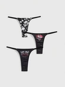 ROMWE Goth 3件套哥特风心形、蝴蝶结、骷髅印花丁字裤套装（女士） - 彩色 - 查看 1