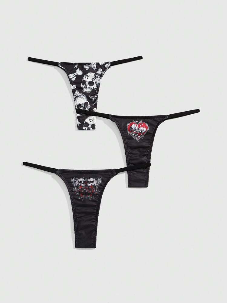 ROMWE Goth 3-pack set med stringtrosor i gotisk stil, hjärtformad, rosett och dödskalletryck, för kvinnor - Multifärgad - Visa 1
