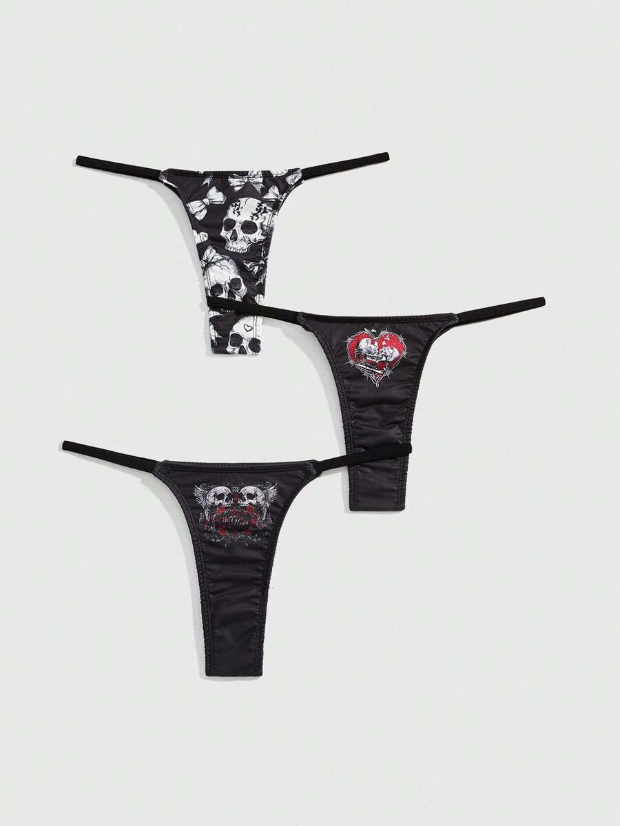 ROMWE Goth 3件套哥特风心形、蝴蝶结、骷髅印花丁字裤套装（女士） - 彩色 - 查看 1