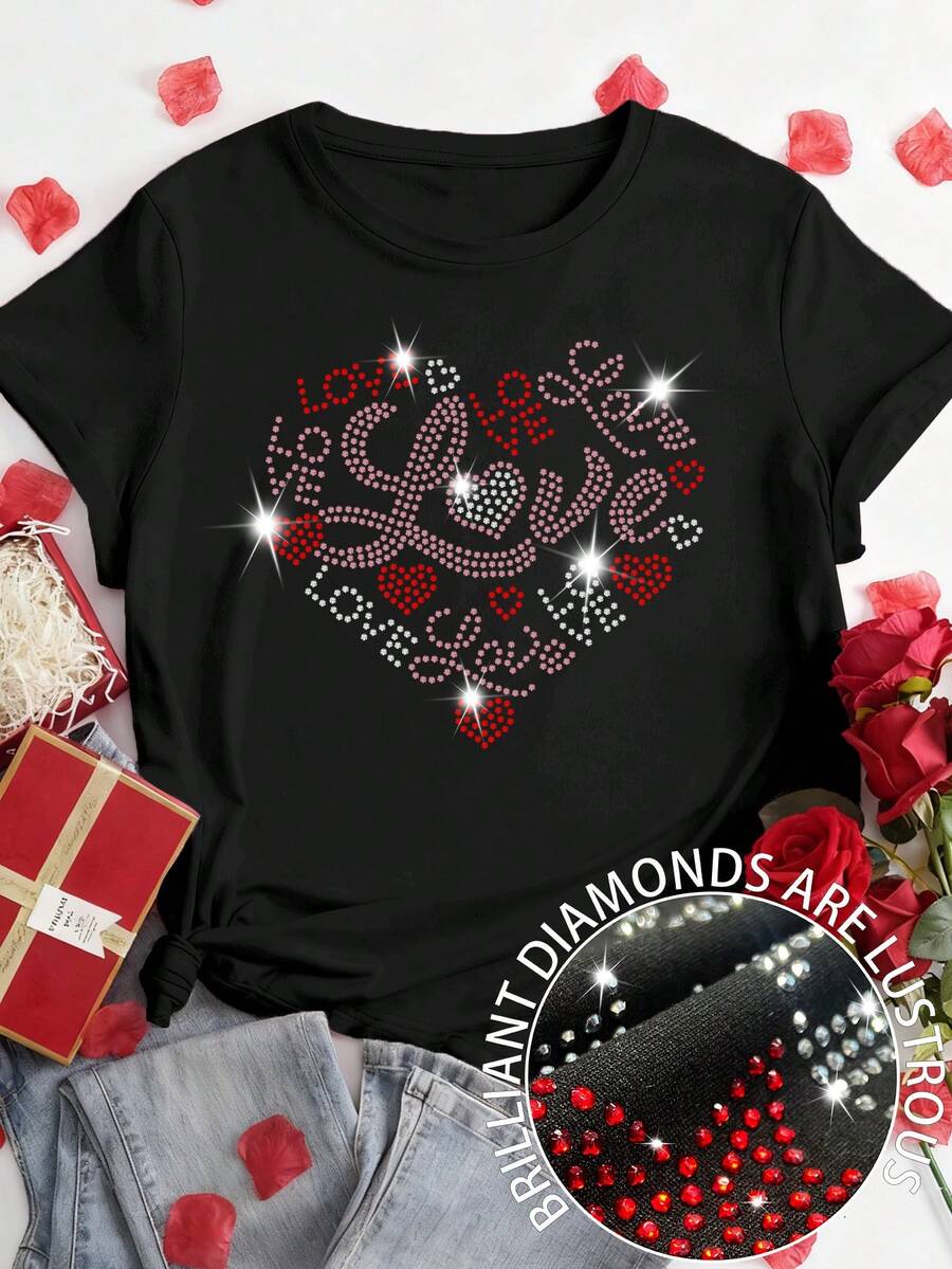 EMERY ROSE Áo thun cỡ lớn in hình trái tim đính đá lấp lánh chủ đề Ngày Valentine "Hãy là người yêu của em" - Quà tặng Ngày Valentine cho phái nữ - Quà tặng Ngày Valentine cho người yêu - màu đen - Xem 1