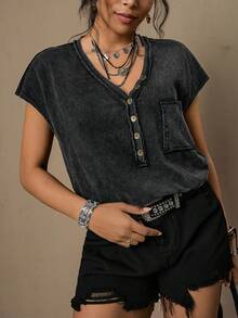 Freevana Áo tank top cỡ lớn màu xám bạc cổ chữ V, thiết kế túi cài khuy kim loại, kiểu dáng thường ngày đa năng dành cho nữ mùa xuân/hè. - Màu xám đen - Xem 4