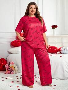 SHEIN CURVE+ Conjunto de pijama de talla grande con estampado de fresa y corazón, ropa de estar en casa casual para el Día de San Valentín - Rosa Fucsia - Ver 6