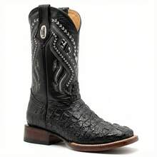 Botas Vaqueras Grabado Tipo Reptil en Piel Real | El Compadre | Horma Bulldog | Punta Cuadrada - Negro - Ver 2