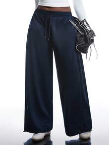 SHEIN EZwear Plus Size Solid Color Drawstring Waist Sweatpants, Versatile For Spring And Summer Graduation,Back To School Outfits,Graduation,Teacher Outfits For Women,Back To School - Navy Blue - View 5