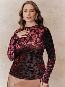 Anewsta Plus Size Women Flocked Turtleneck Undershirt, Semi-Sheer Long Sleeve Base Layer Top, Suitable For Christmas And New Year - Red and Black - View 3