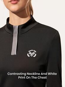 CourtClass Long Sleeve Casual Versatile Button Front Graphic Print Golf Polo Shirt Black Tennis Top Long Sleeve Tennis Shirt - Multicolor - View 4