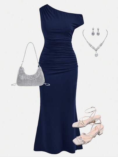 Girlism Teen Girl Solid Color Asymmetric Shoulder Ruched Fitted Mermaid Hem Elegant Dress, Party Gown