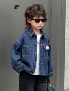 DAZY Young Boy Casual Washed Letter Denim Jacket - Blue - View 2