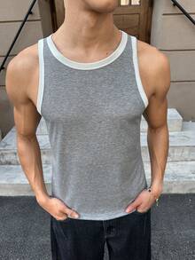 SWAVVY Men's Summer Casual Contrast Trim Tank Top Men's Tank Top Men's Round Neck Tank Top Men's Sleeveless Top Grey Top Men Men's Ribbed Tank Top - Grey - View 4
