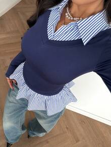 Modelyn Women's Blue Milk Silk Patchwork Blue Striped Long Sleeve Waist Gathered A-Line Casual T-Shirt, Spring/Summer - Blue - View 3