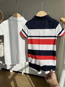 SHEIN 2pcs Newborn Baby Boy Casual Cute Striped Print Polo Collar Short Sleeve Romper Set, Suitable For Birthday Party, Rave, Evening Party, Performance, Wedding, One Month Celebration, Baptism And First Birthday Baby Boy Red White And Blue Outfit Boy Summer Sets Baby Boy Clothes Polo Summer Wear For Boys - Multicolor - View 2