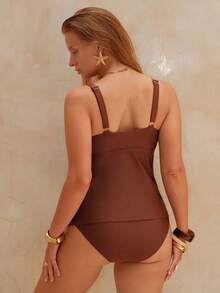 2026新款Swim Chiccia加大码女士夏季沙滩度假优雅金属纯色吊带泳衣，配有可调节肩带和高腰泳裤，两件套 - 咖啡棕 - 查看 6