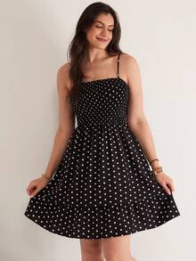 SHEIN VCAY 大码复古波点吊带连衣裙，适合度假、休闲通勤等各种场合，A字型修身短款连衣裙，女士 - 黑色 - 查看 4
