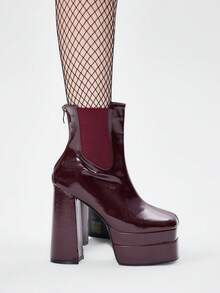 ROMWE Grunge Punk 女士拉链设计休闲百搭舒适高跟踝靴 - 酒紅色 - 查看 4