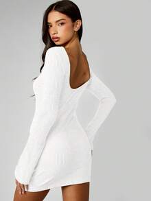 MISSGUIDED Long Sleeve Knitted Mini Dress Off Shoulder Bodycon Ribbed Sweater Dress Fall Winter Cozy Pullover - White - View 2