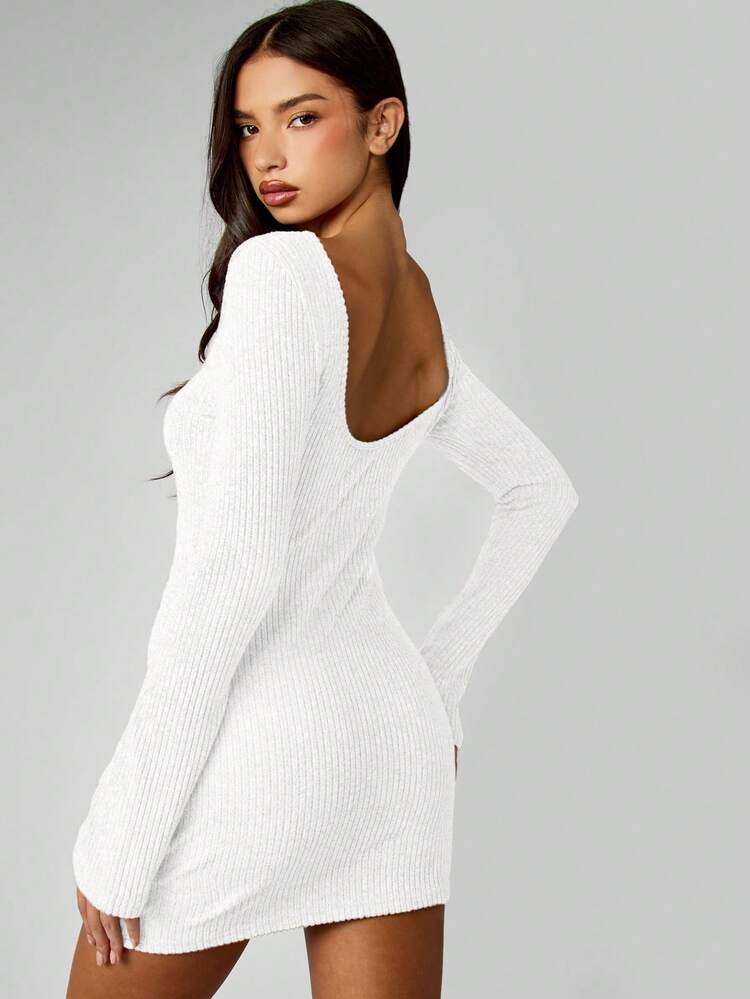 MISSGUIDED Robe pull côtelée mini à manches longues, épaules dénudées, moulante, confortable, pour l'automne et l'hiver